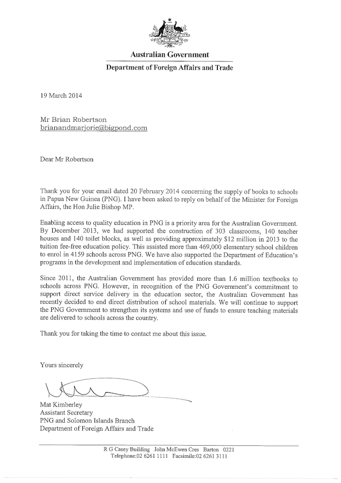 Reply from Foreign Affairs