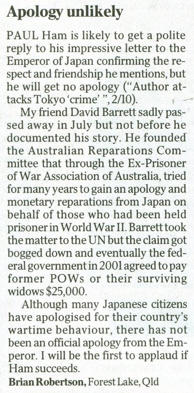 Letter in the Australian about Paul Ham's request for an Apology from the Emperor of Japan